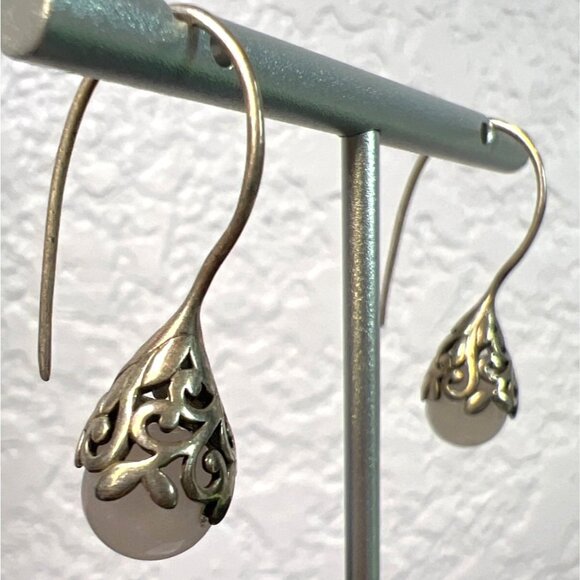 Vtg Sterling Silver Rose Quartz Drop Earrings 925 Filigree Teardrop Dangles Boho - Picture 8 of 11